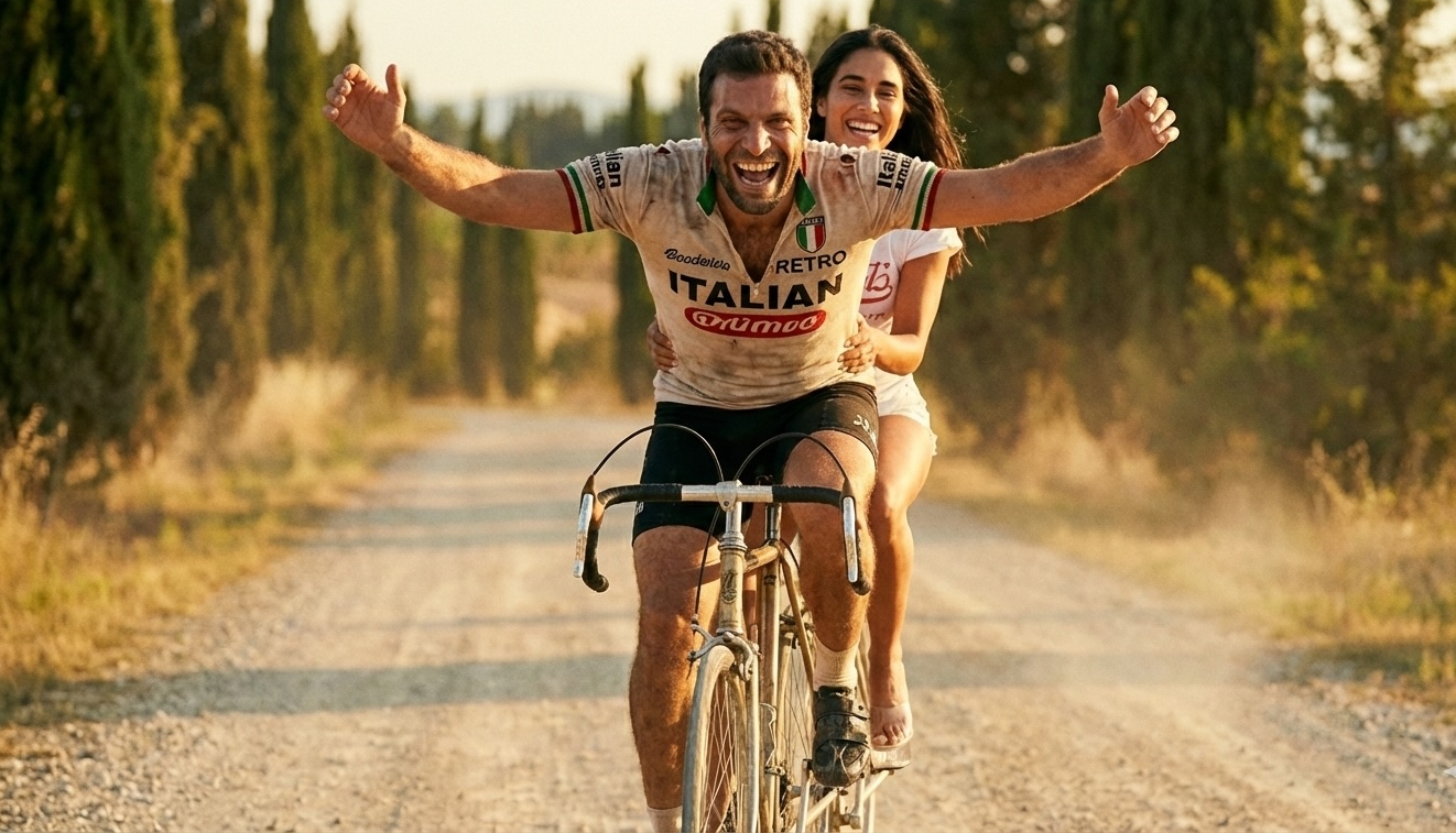 Woman riding a bicycle on a country road